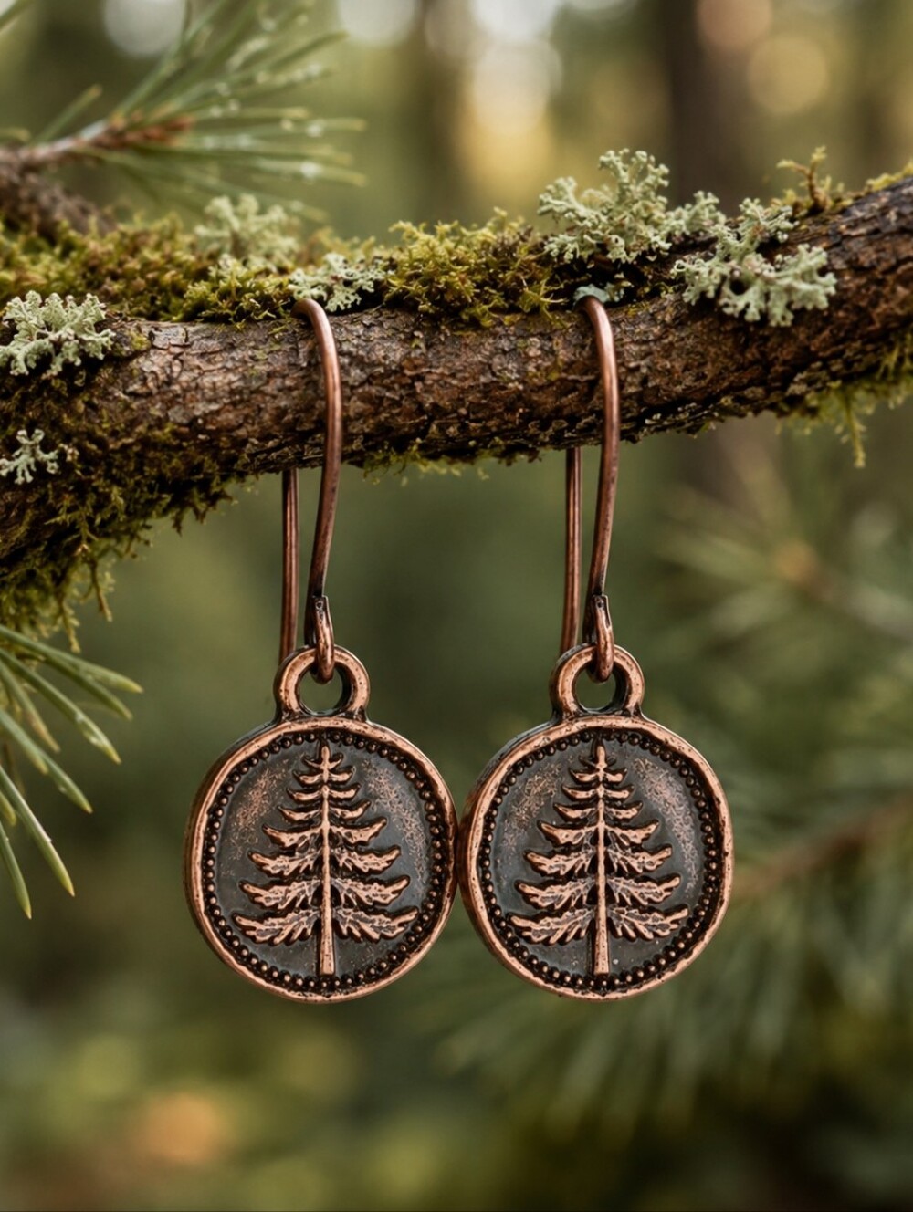 Copper Evergreen Pine Tree Earrings Rustic Forest Woodland Nature Hand Crafted